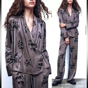 Zara Mink Embroidered Blouse With Sequins & Trousers Co Ord Set Size S